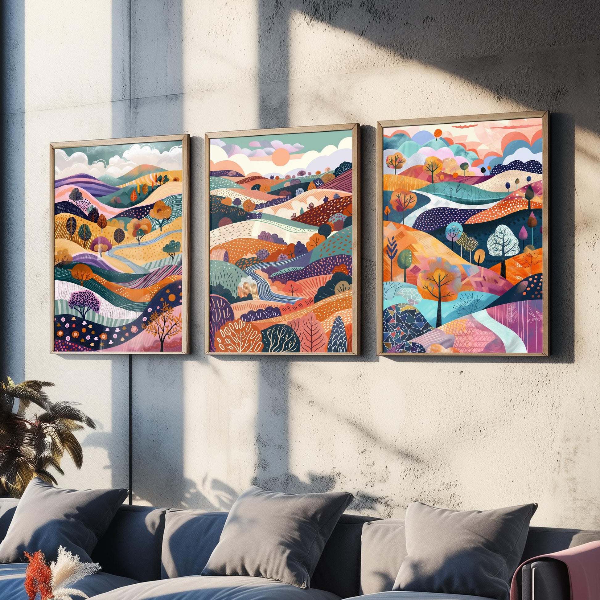 Flowing Purple English Landscape Set of Three Art Prints - 3 Rolling Hills Fields Valley Posters - Abstract Countryside Illustration Gift