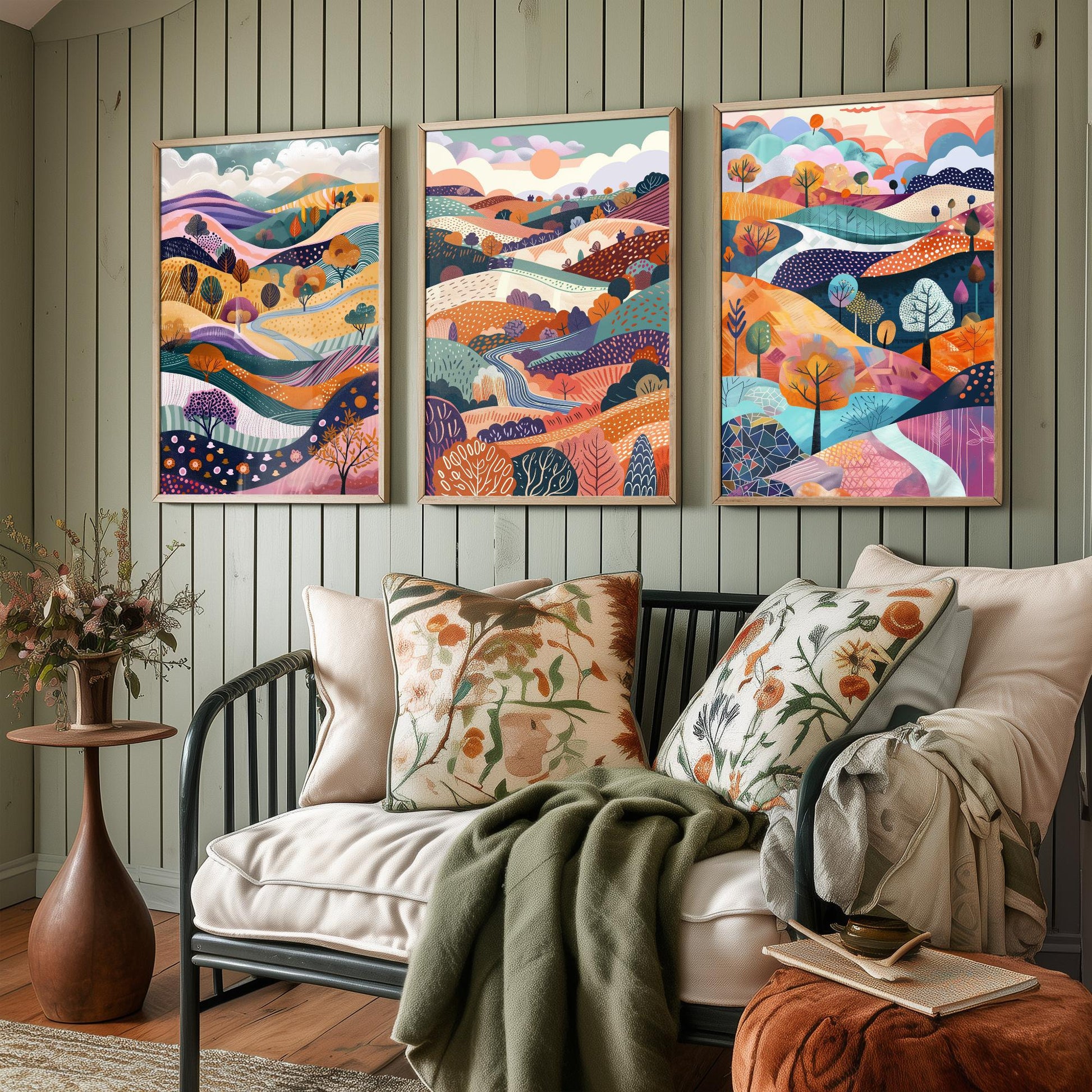 Flowing Purple English Landscape Set of Three Art Prints - 3 Rolling Hills Fields Valley Posters - Abstract Countryside Illustration Gift