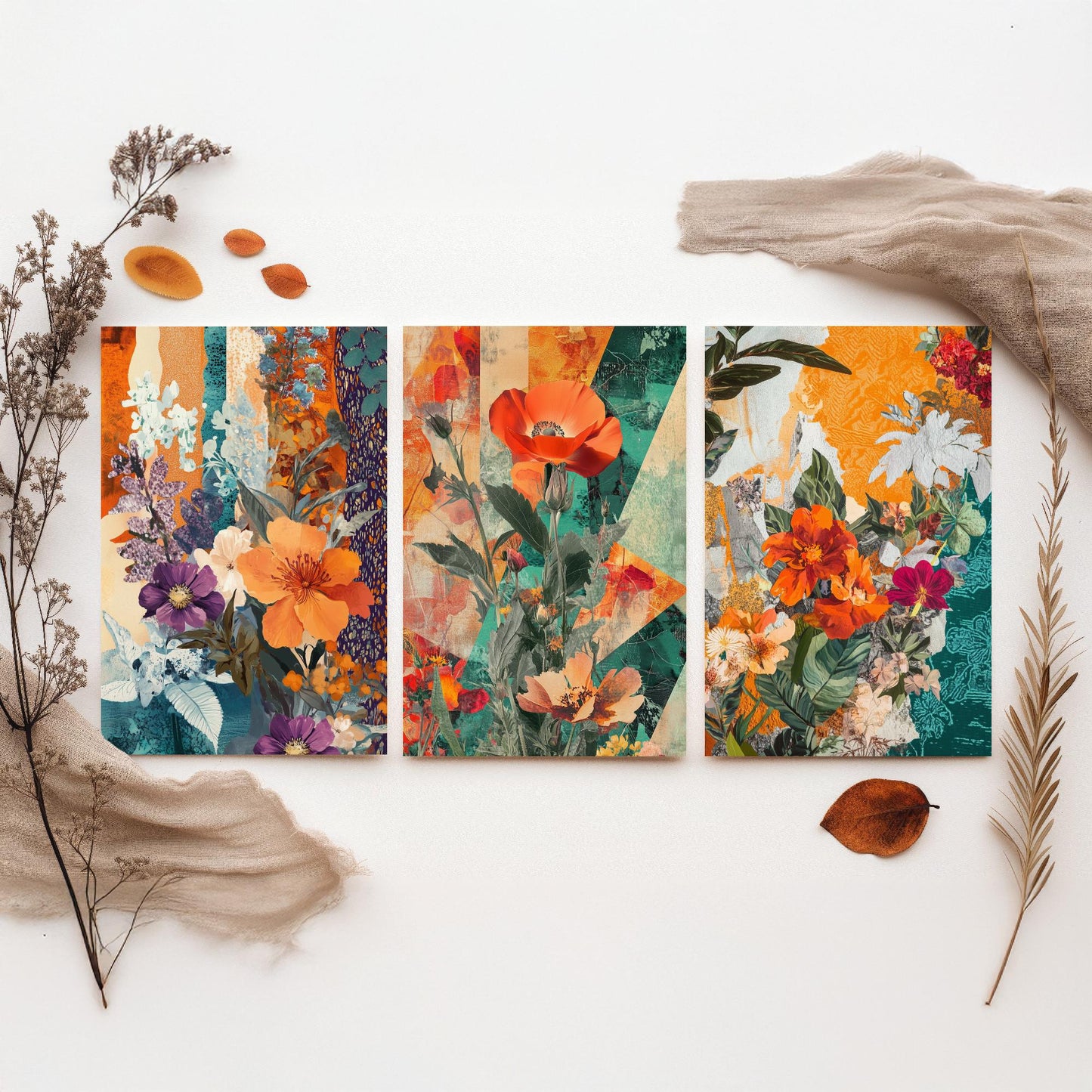 Purple Orange Flower Collage Set of Three Art Prints - 3 Botanical Wildflower Posters - Poppy Floral Illustration Mixed Media Nature Gift