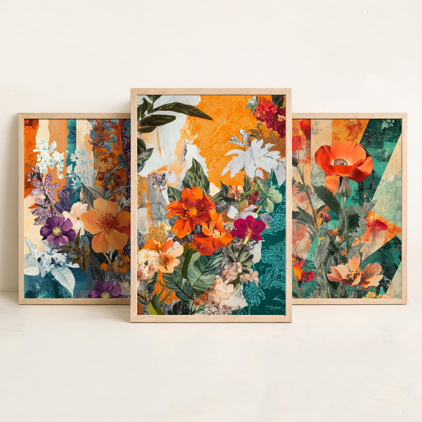 Purple Orange Flower Collage Set of Three Art Prints - 3 Botanical Wildflower Posters - Poppy Floral Illustration Mixed Media Nature Gift