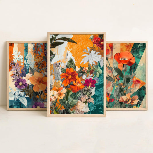 Purple Orange Flower Collage Set of Three Art Prints - 3 Botanical Wildflower Posters - Poppy Floral Illustration Mixed Media Nature Gift
