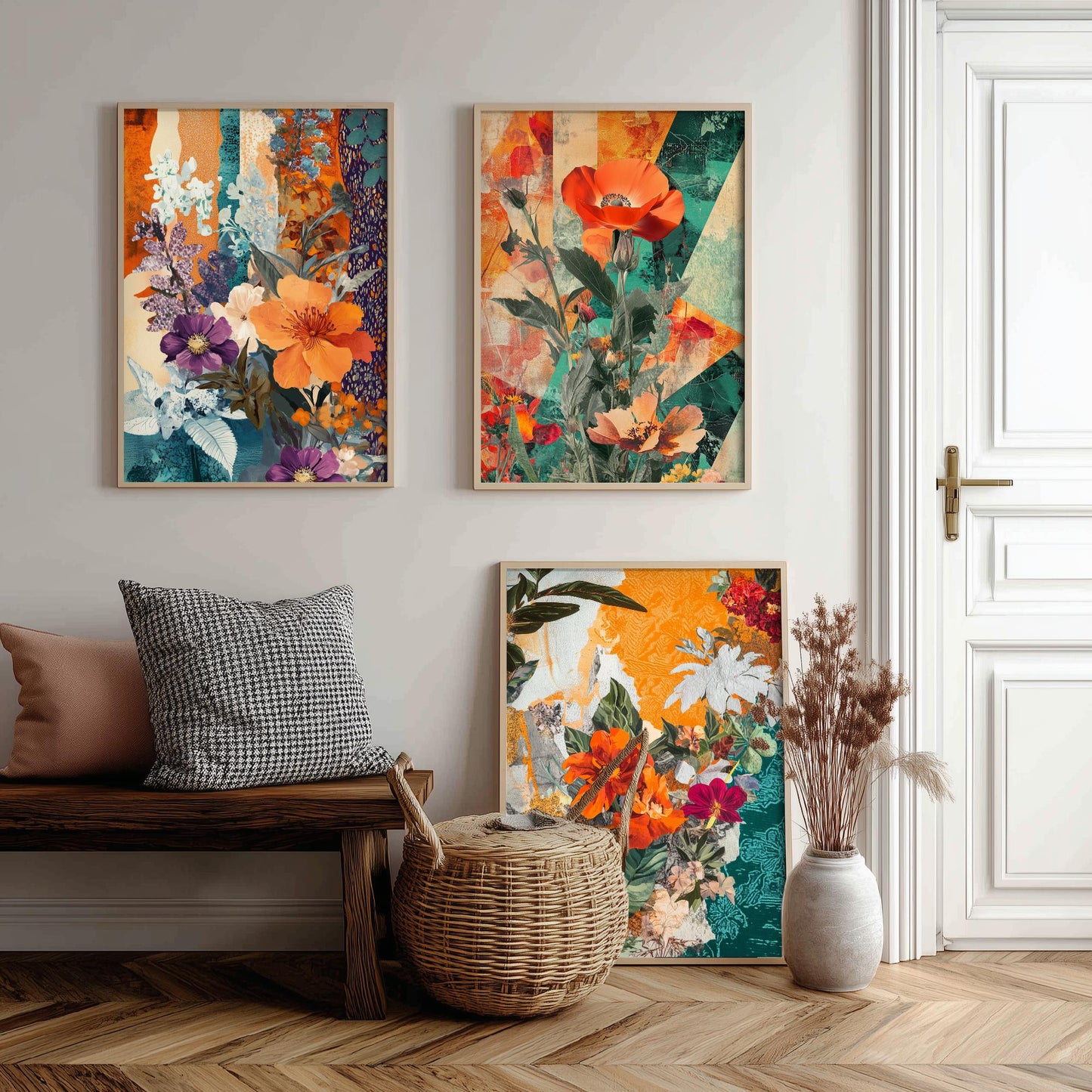 Purple Orange Flower Collage Set of Three Art Prints - 3 Botanical Wildflower Posters - Poppy Floral Illustration Mixed Media Nature Gift