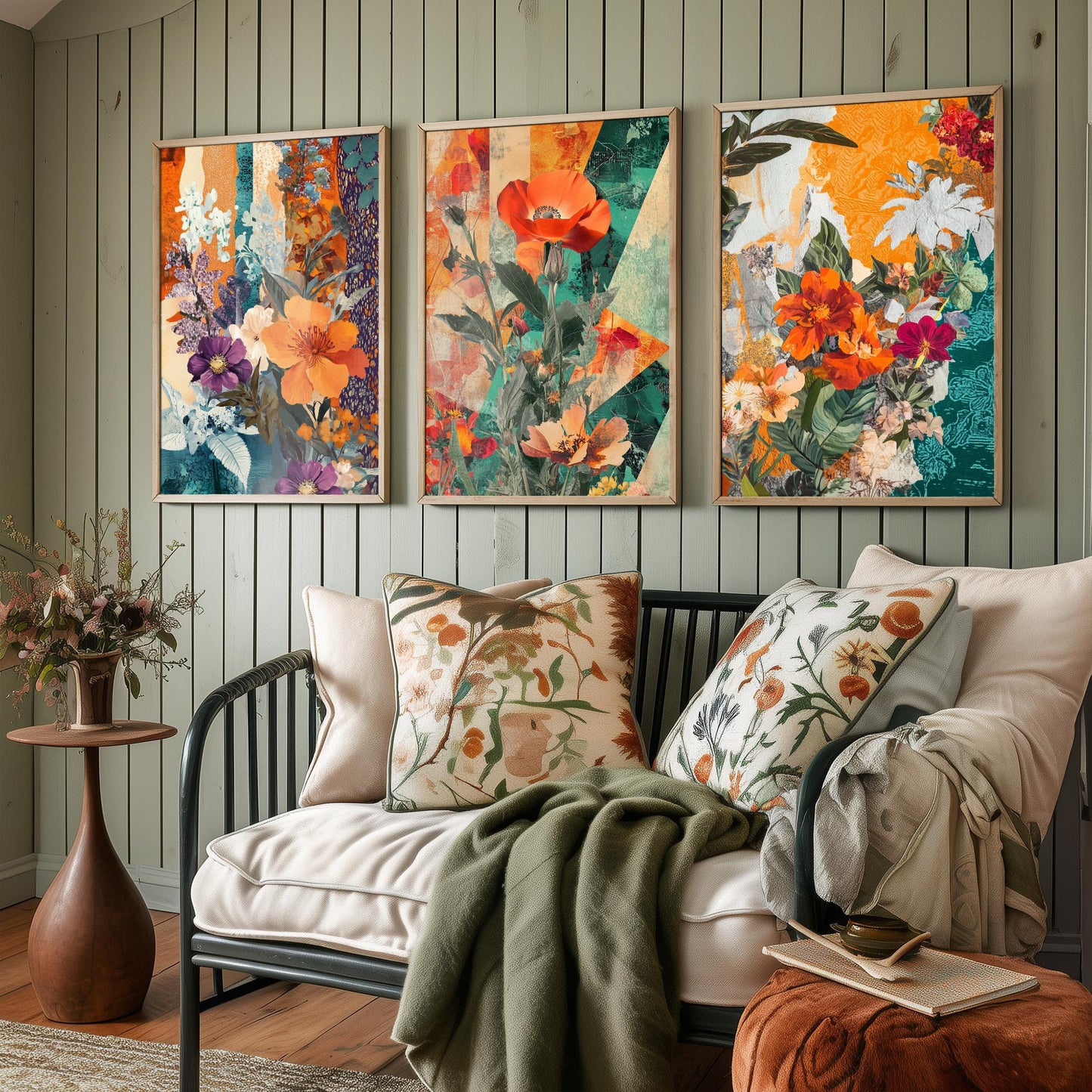 Purple Orange Flower Collage Set of Three Art Prints - 3 Botanical Wildflower Posters - Poppy Floral Illustration Mixed Media Nature Gift