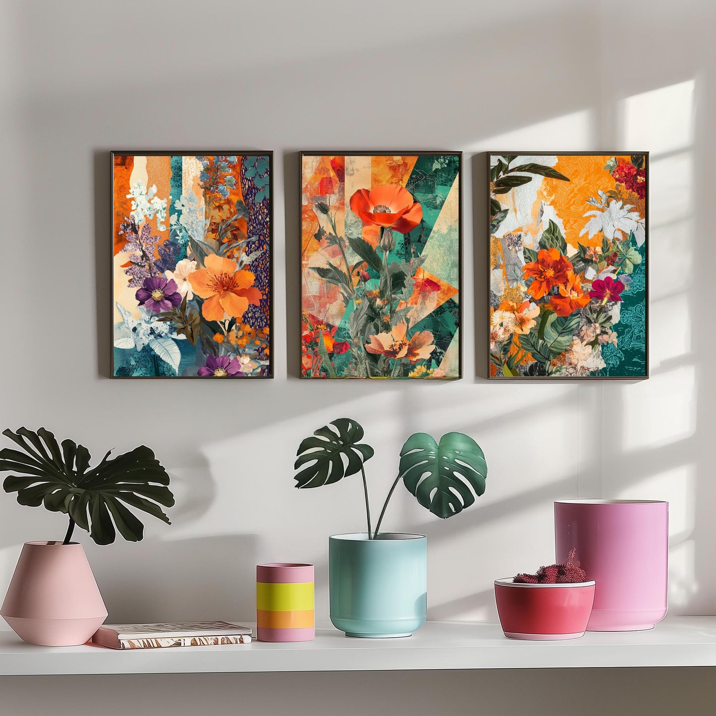 Purple Orange Flower Collage Set of Three Art Prints - 3 Botanical Wildflower Posters - Poppy Floral Illustration Mixed Media Nature Gift