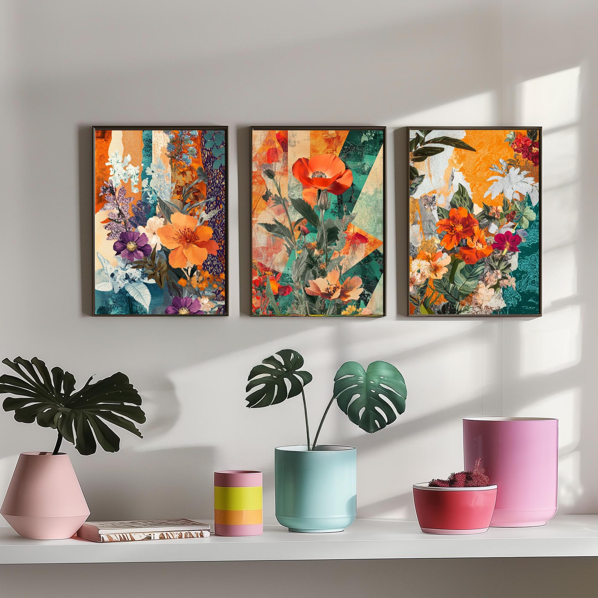 Purple Orange Flower Collage Set of Three Art Prints - 3 Botanical Wildflower Posters - Poppy Floral Illustration Mixed Media Nature Gift