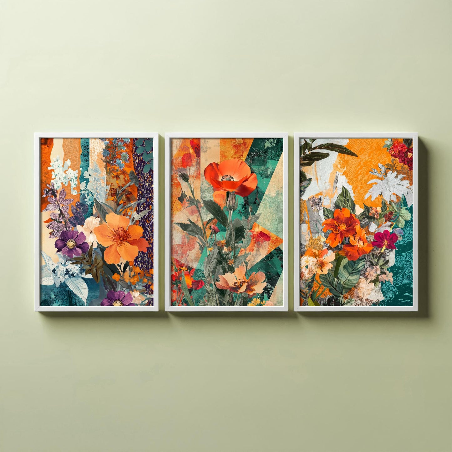 Purple Orange Flower Collage Set of Three Art Prints - 3 Botanical Wildflower Posters - Poppy Floral Illustration Mixed Media Nature Gift