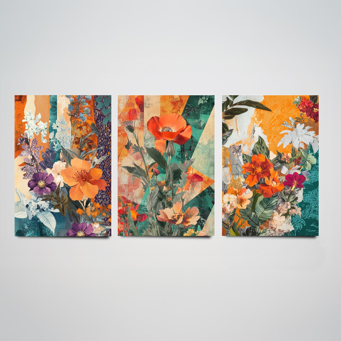 Purple Orange Flower Collage Set of Three Art Prints - 3 Botanical Wildflower Posters - Poppy Floral Illustration Mixed Media Nature Gift
