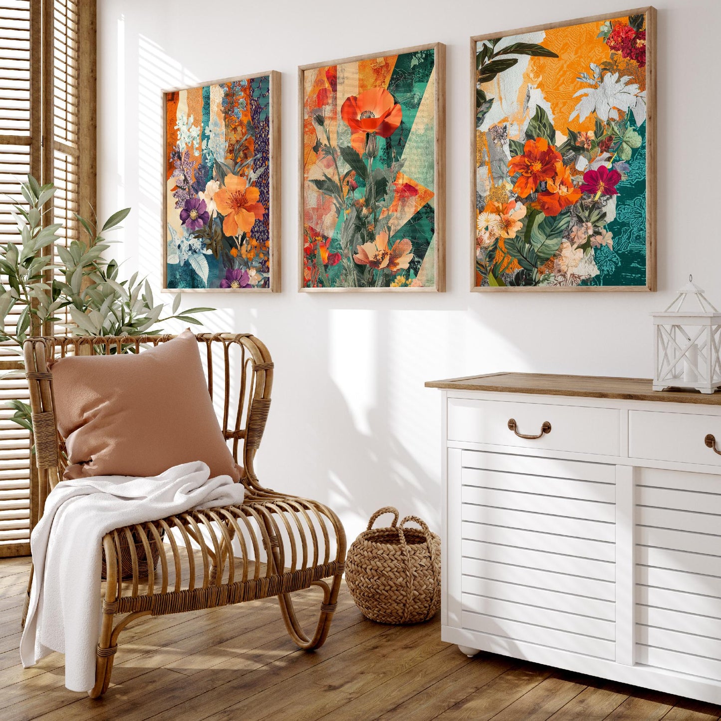 Purple Orange Flower Collage Set of Three Art Prints - 3 Botanical Wildflower Posters - Poppy Floral Illustration Mixed Media Nature Gift