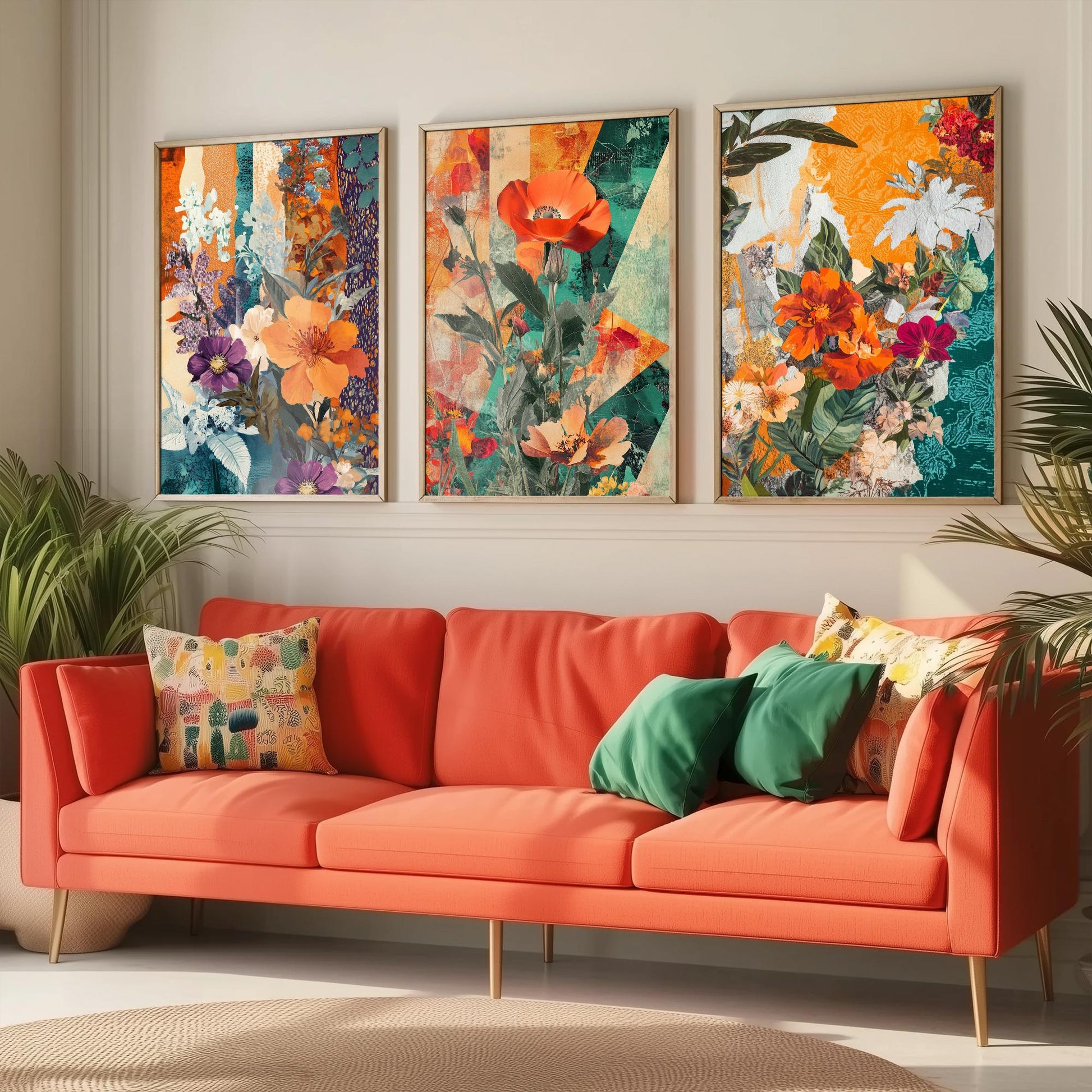 Purple Orange Flower Collage Set of Three Art Prints - 3 Botanical Wildflower Posters - Poppy Floral Illustration Mixed Media Nature Gift