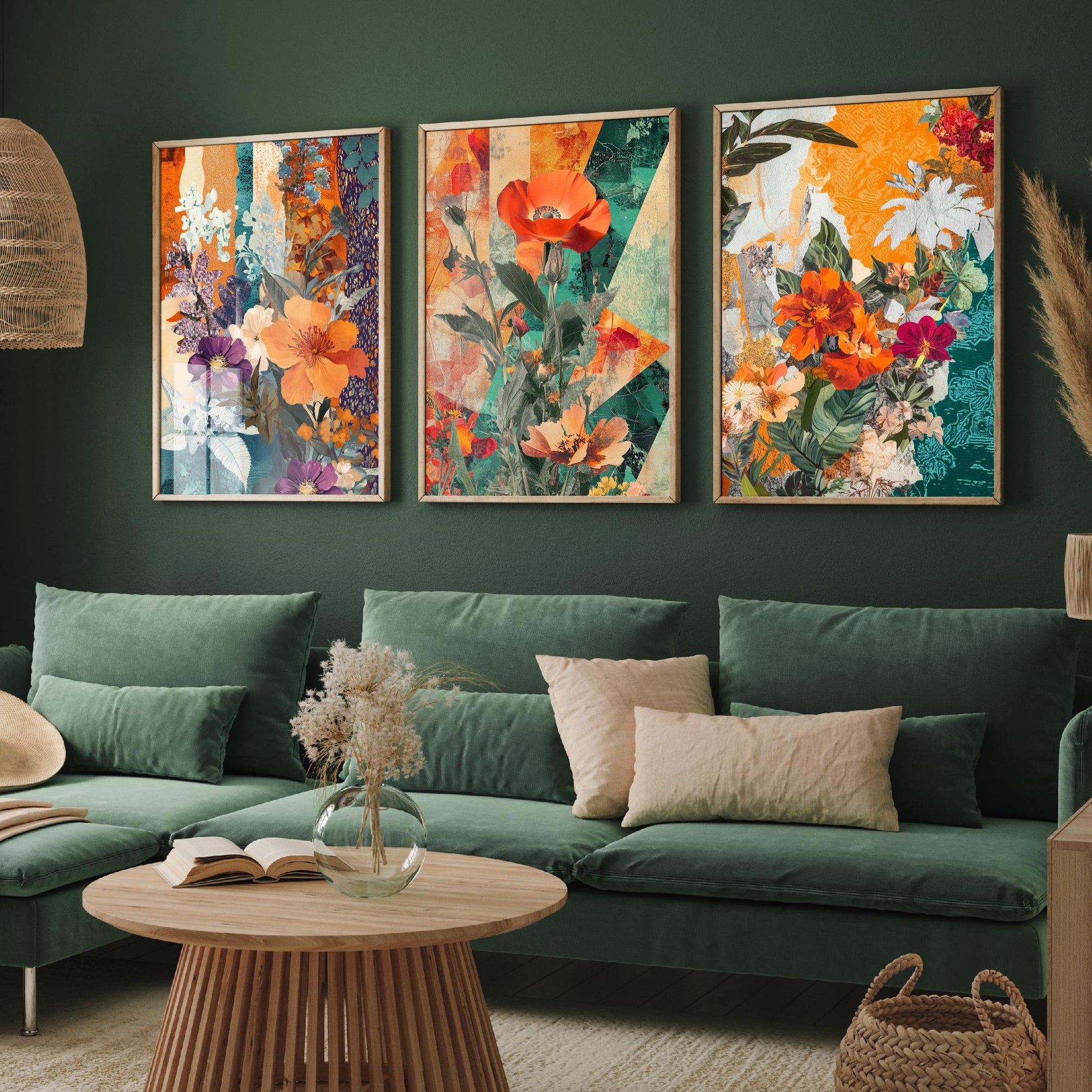 Purple Orange Flower Collage Set of Three Art Prints - 3 Botanical Wildflower Posters - Poppy Floral Illustration Mixed Media Nature Gift