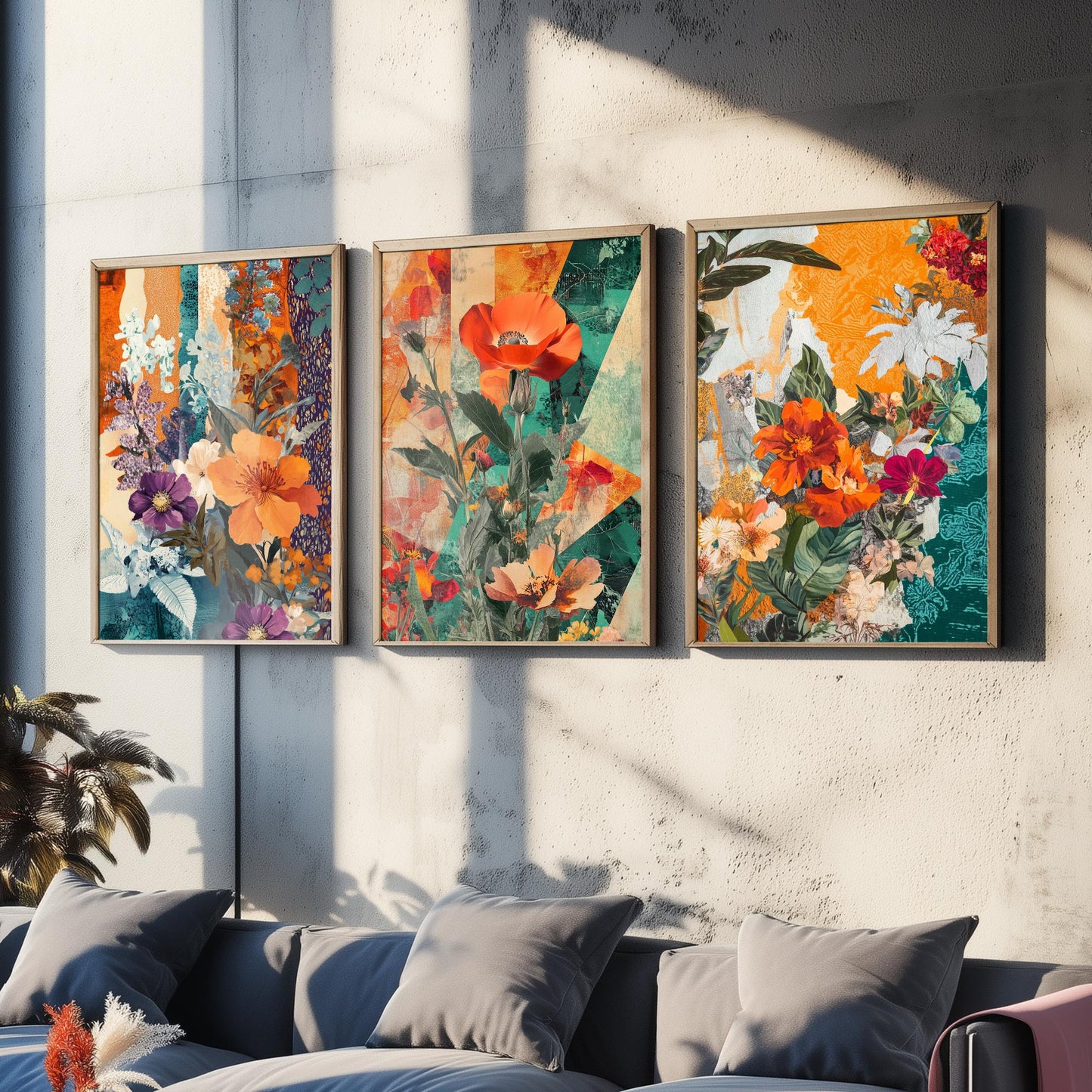 Purple Orange Flower Collage Set of Three Art Prints - 3 Botanical Wildflower Posters - Poppy Floral Illustration Mixed Media Nature Gift