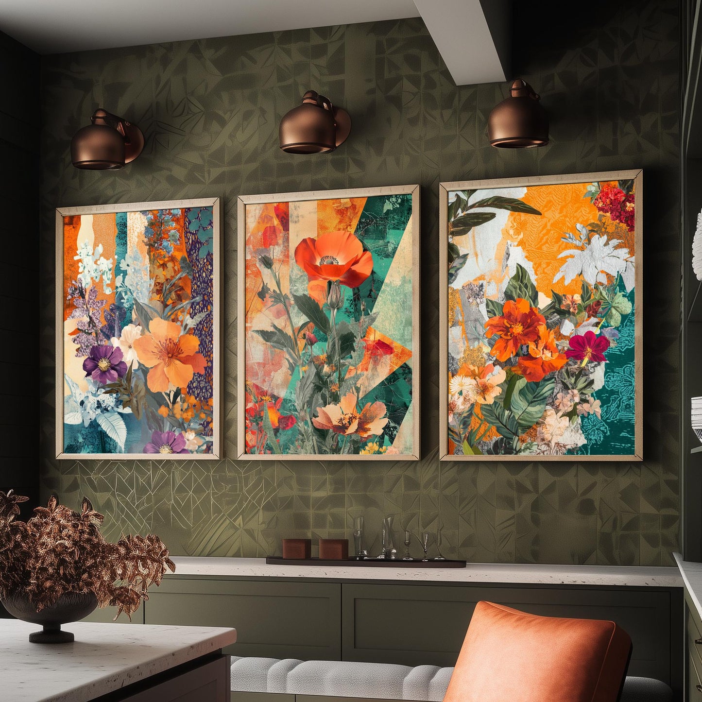Purple Orange Flower Collage Set of Three Art Prints - 3 Botanical Wildflower Posters - Poppy Floral Illustration Mixed Media Nature Gift