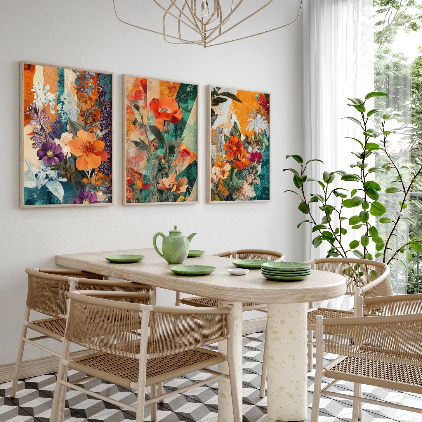 Purple Orange Flower Collage Set of Three Art Prints - 3 Botanical Wildflower Posters - Poppy Floral Illustration Mixed Media Nature Gift