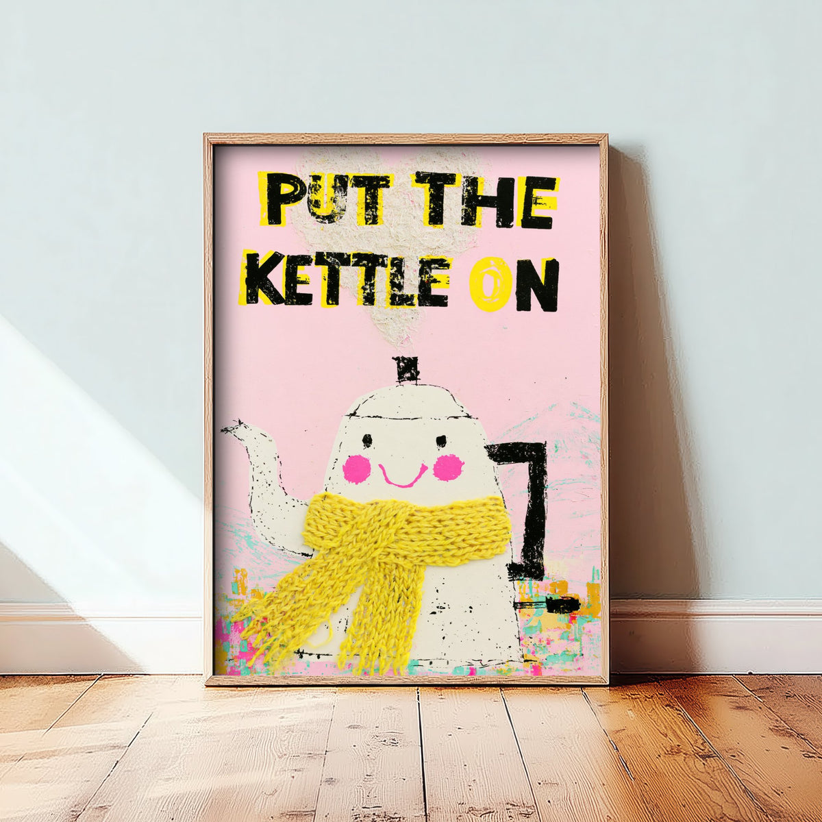 Put the Kettle On Print - Smiling Kettle in Yellow Scarf Kitchen Poster - Pink Tea Time Illustration