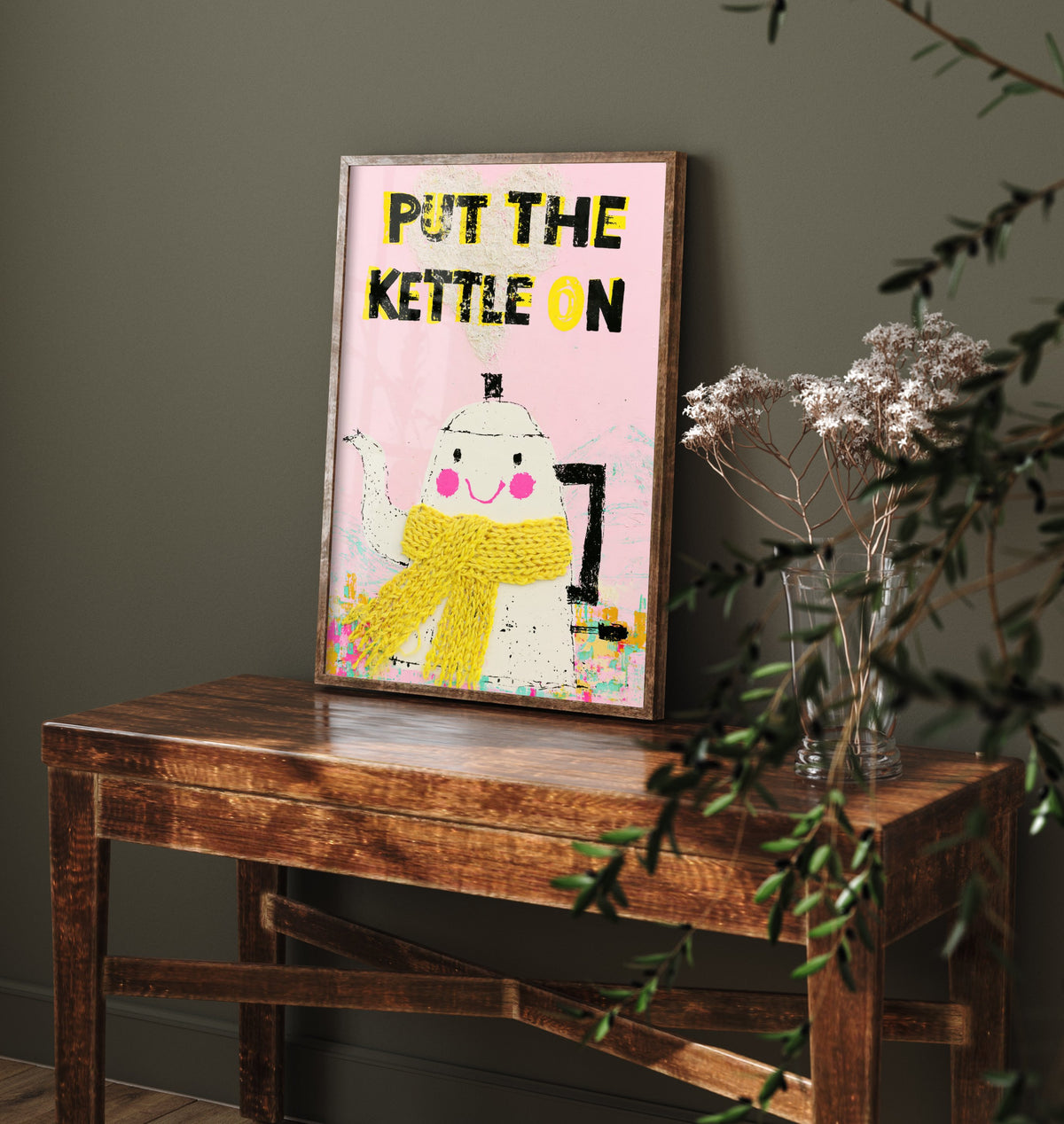 Put the Kettle On Print - Smiling Kettle in Yellow Scarf Kitchen Poster - Pink Tea Time Illustration