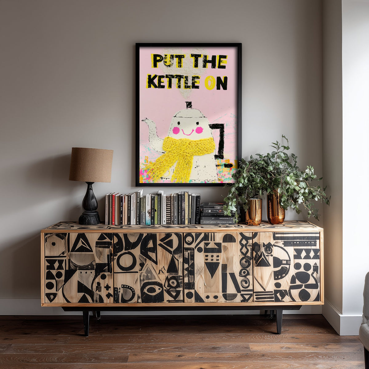 Put the Kettle On Print - Smiling Kettle in Yellow Scarf Kitchen Poster - Pink Tea Time Illustration