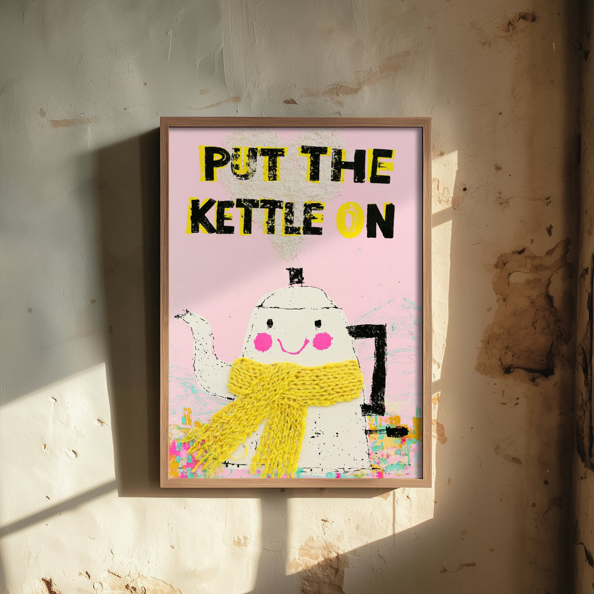 Put the Kettle On Print - Smiling Kettle in Yellow Scarf Kitchen Poster - Pink Tea Time Illustration