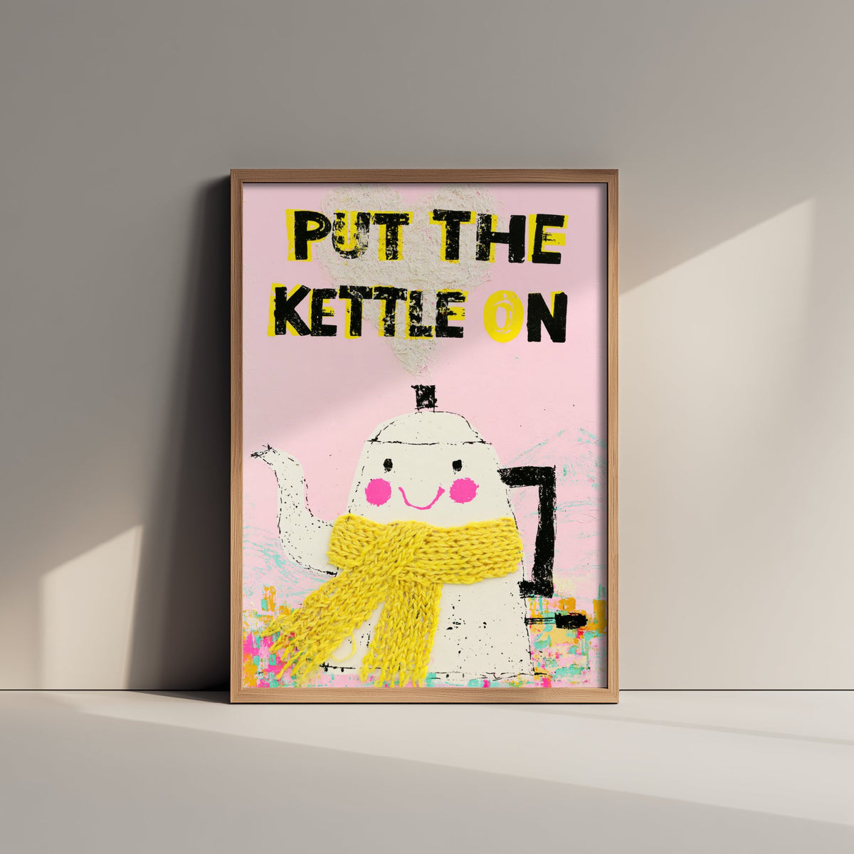 Put the Kettle On Print - Smiling Kettle in Yellow Scarf Kitchen Poster - Pink Tea Time Illustration