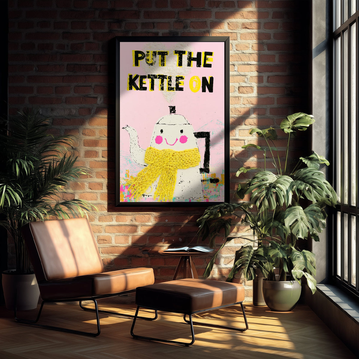Put the Kettle On Print - Smiling Kettle in Yellow Scarf Kitchen Poster - Pink Tea Time Illustration