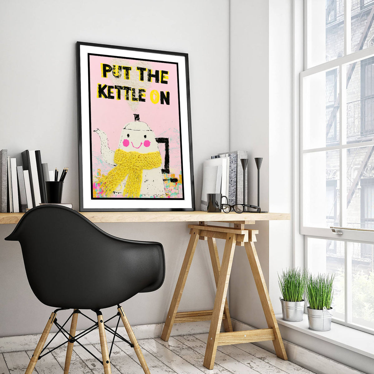 Put the Kettle On Print - Smiling Kettle in Yellow Scarf Kitchen Poster - Pink Tea Time Illustration