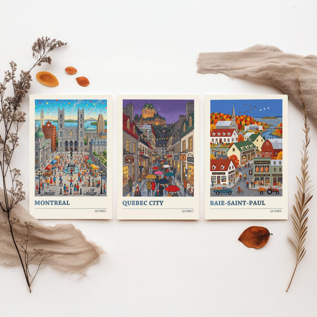 Quebec Set of Three Art Prints - Montreal, Quebec City, Baie-Saint-Paul - 3 Colourful Folk Illustration Travel Posters - Quebecois Painting