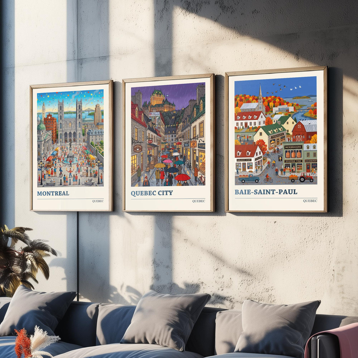 Quebec Set of Three Art Prints - Montreal, Quebec City, Baie-Saint-Paul - 3 Colourful Folk Illustration Travel Posters - Quebecois Painting