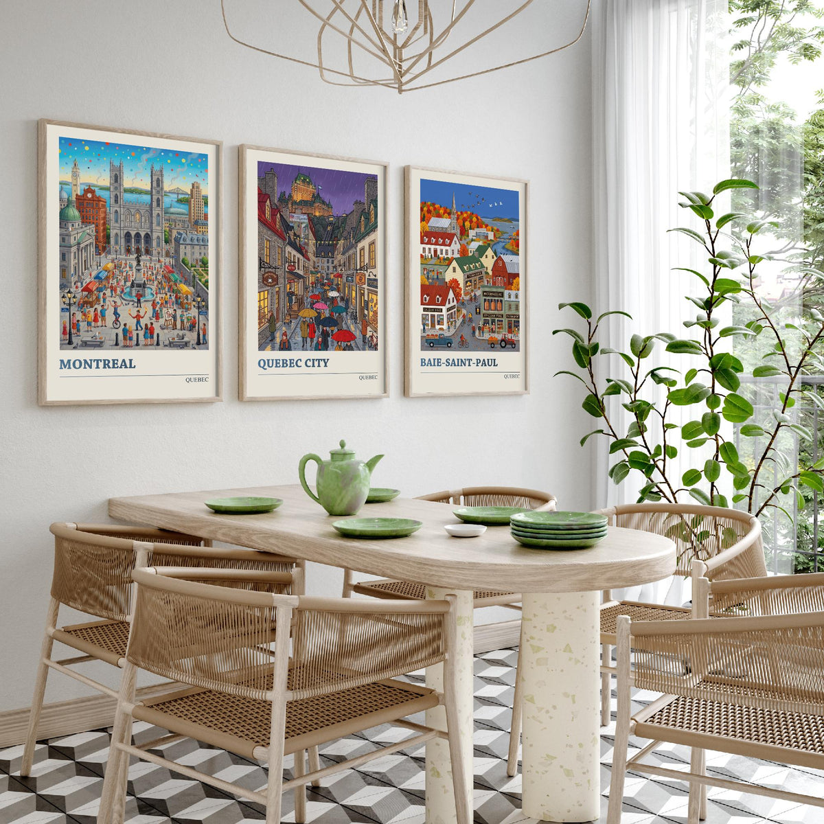Quebec Set of Three Art Prints - Montreal, Quebec City, Baie-Saint-Paul - 3 Colourful Folk Illustration Travel Posters - Quebecois Painting