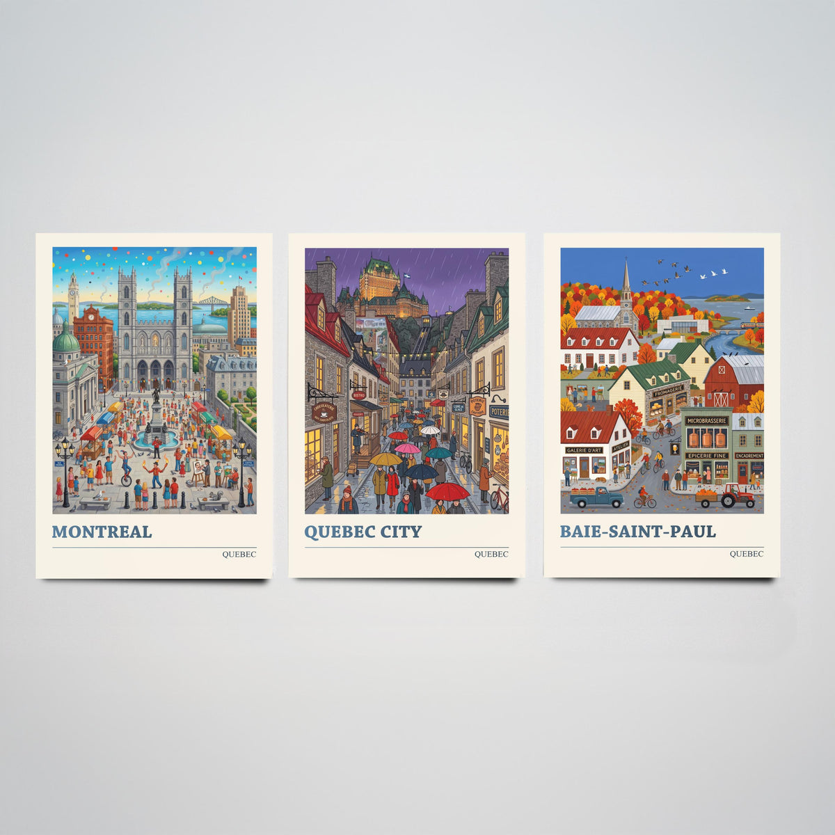 Quebec Set of Three Art Prints - Montreal, Quebec City, Baie-Saint-Paul - 3 Colourful Folk Illustration Travel Posters - Quebecois Painting