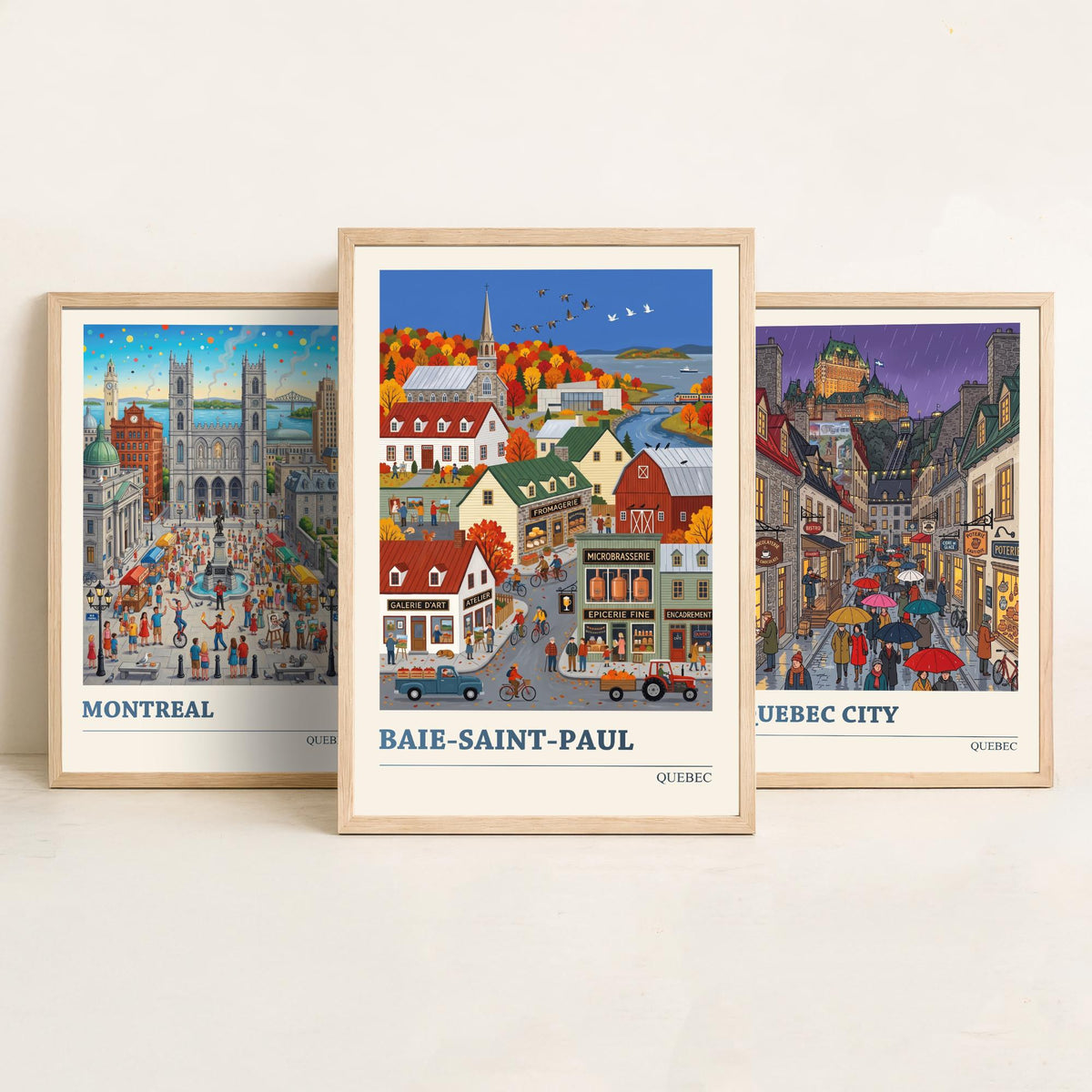 Quebec Set of Three Art Prints - Montreal, Quebec City, Baie-Saint-Paul - 3 Colourful Folk Illustration Travel Posters - Quebecois Painting