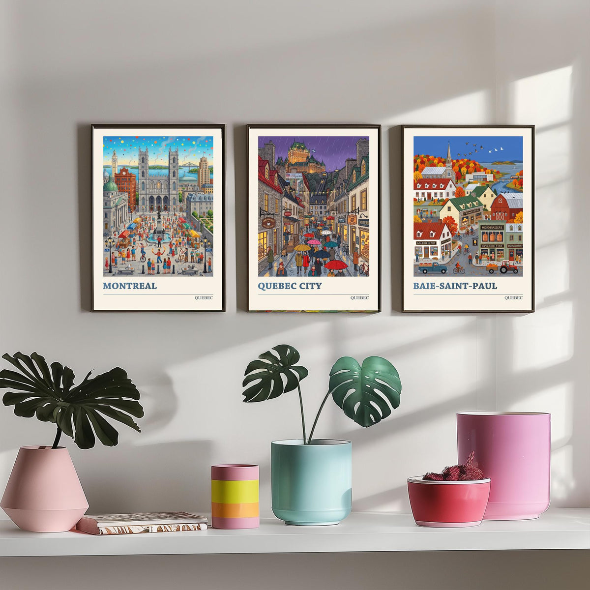 Quebec Set of Three Art Prints - Montreal, Quebec City, Baie-Saint-Paul - 3 Colourful Folk Illustration Travel Posters - Quebecois Painting