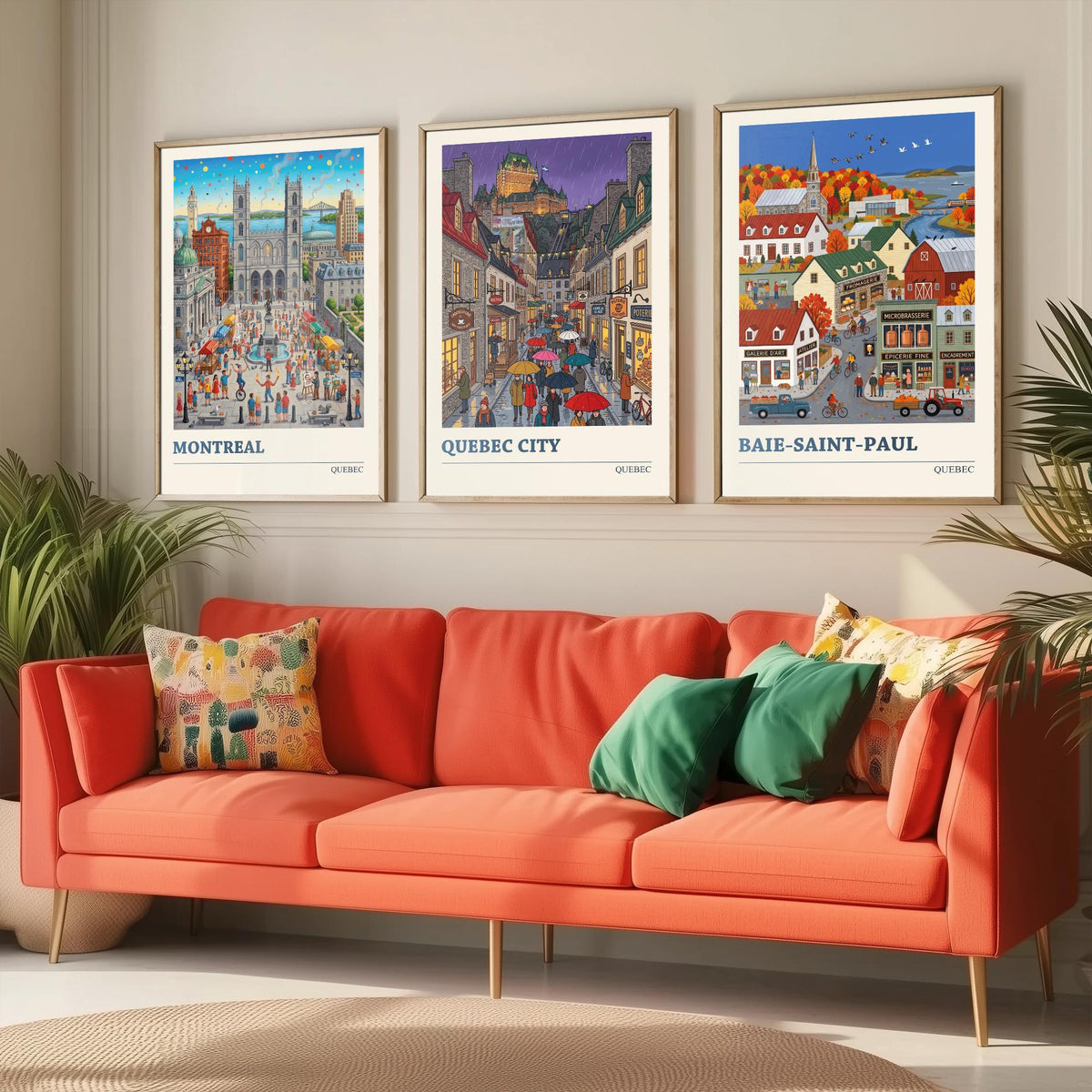 Quebec Set of Three Art Prints - Montreal, Quebec City, Baie-Saint-Paul - 3 Colourful Folk Illustration Travel Posters - Quebecois Painting