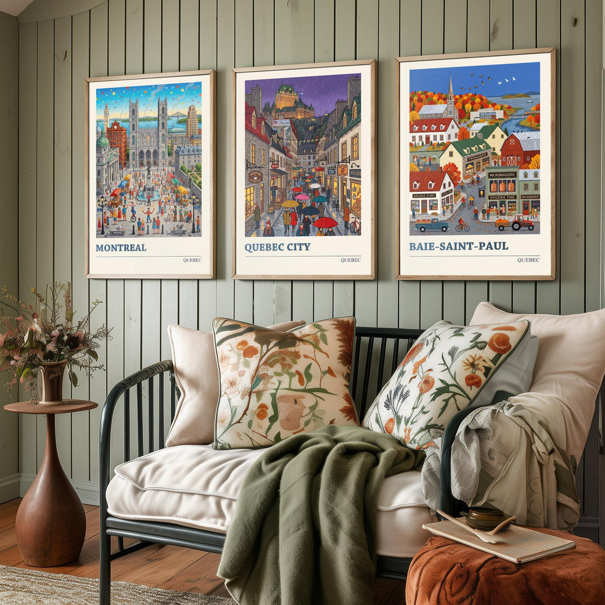 Quebec Set of Three Art Prints - Montreal, Quebec City, Baie-Saint-Paul - 3 Colourful Folk Illustration Travel Posters - Quebecois Painting