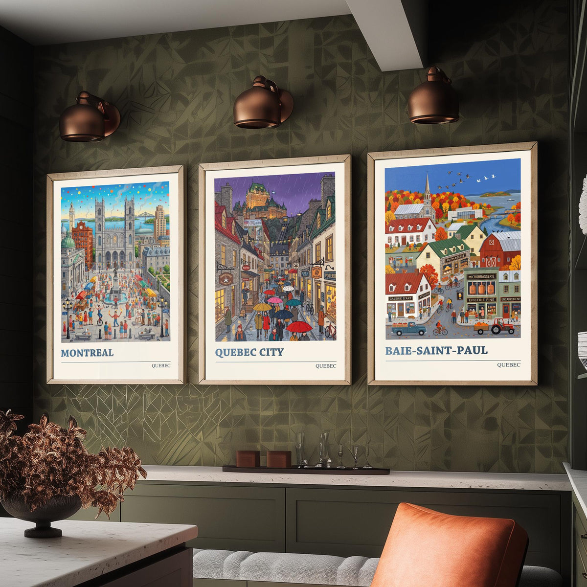 Quebec Set of Three Art Prints - Montreal, Quebec City, Baie-Saint-Paul - 3 Colourful Folk Illustration Travel Posters - Quebecois Painting