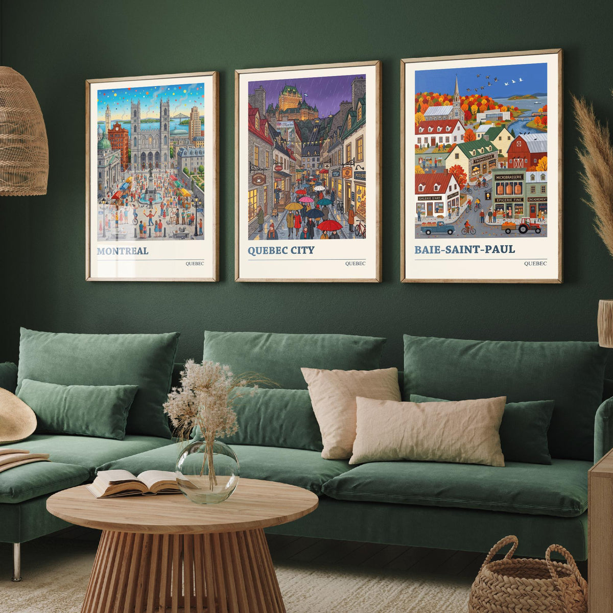 Quebec Set of Three Art Prints - Montreal, Quebec City, Baie-Saint-Paul - 3 Colourful Folk Illustration Travel Posters - Quebecois Painting