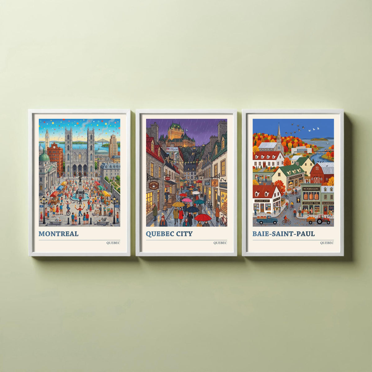 Quebec Set of Three Art Prints - Montreal, Quebec City, Baie-Saint-Paul - 3 Colourful Folk Illustration Travel Posters - Quebecois Painting