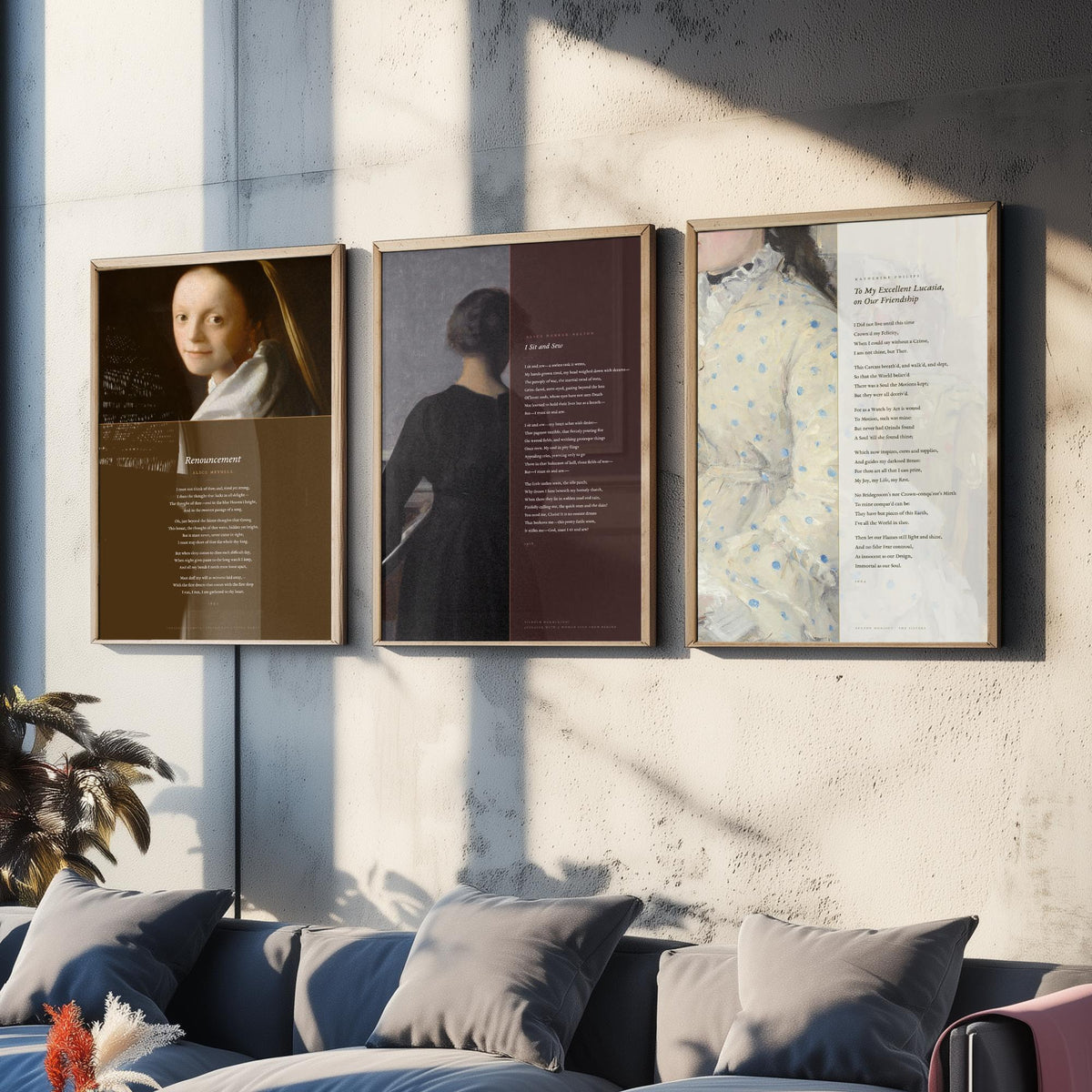 Quiet Interiors Poems Set of Three Art Prints - Renouncement, I Sit and Sew, To My Excellent Lucasia - Painting Poster Triptych