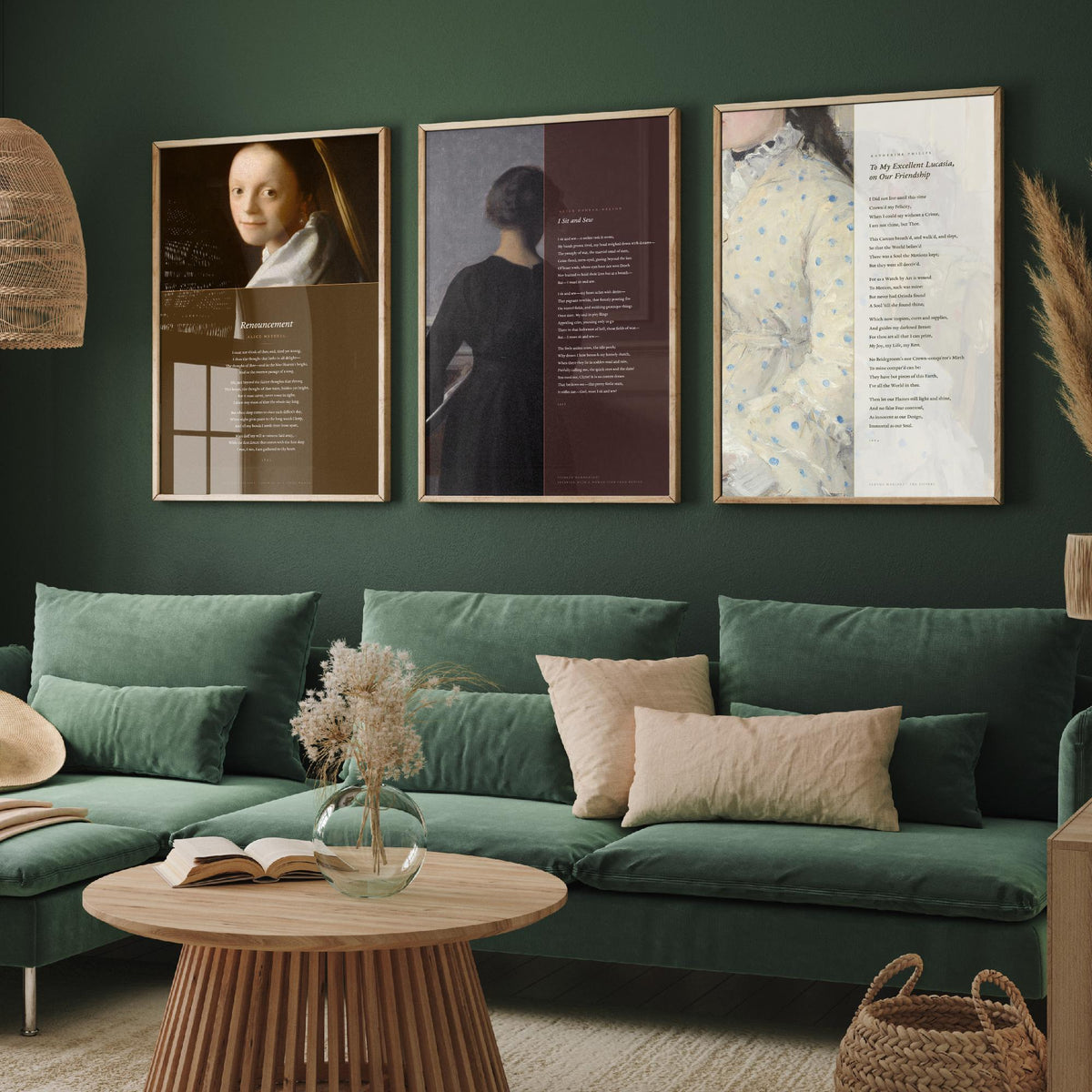 Quiet Interiors Poems Set of Three Art Prints - Renouncement, I Sit and Sew, To My Excellent Lucasia - Painting Poster Triptych