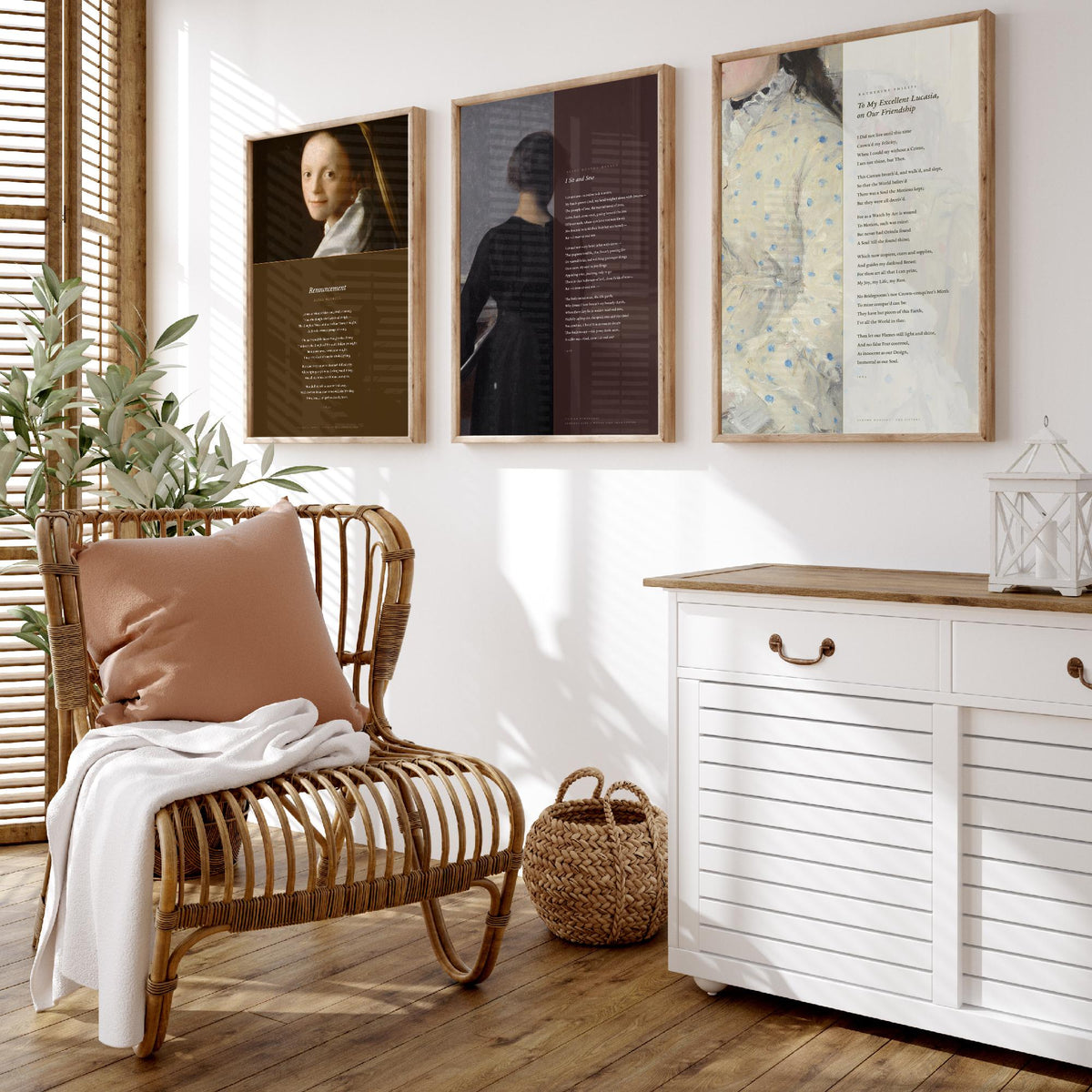 Quiet Interiors Poems Set of Three Art Prints - Renouncement, I Sit and Sew, To My Excellent Lucasia - Painting Poster Triptych