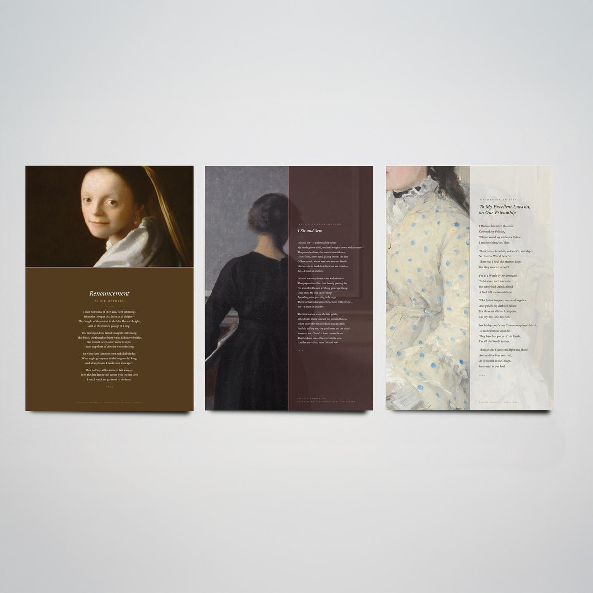 Quiet Interiors Poems Set of Three Art Prints - Renouncement, I Sit and Sew, To My Excellent Lucasia - Painting Poster Triptych
