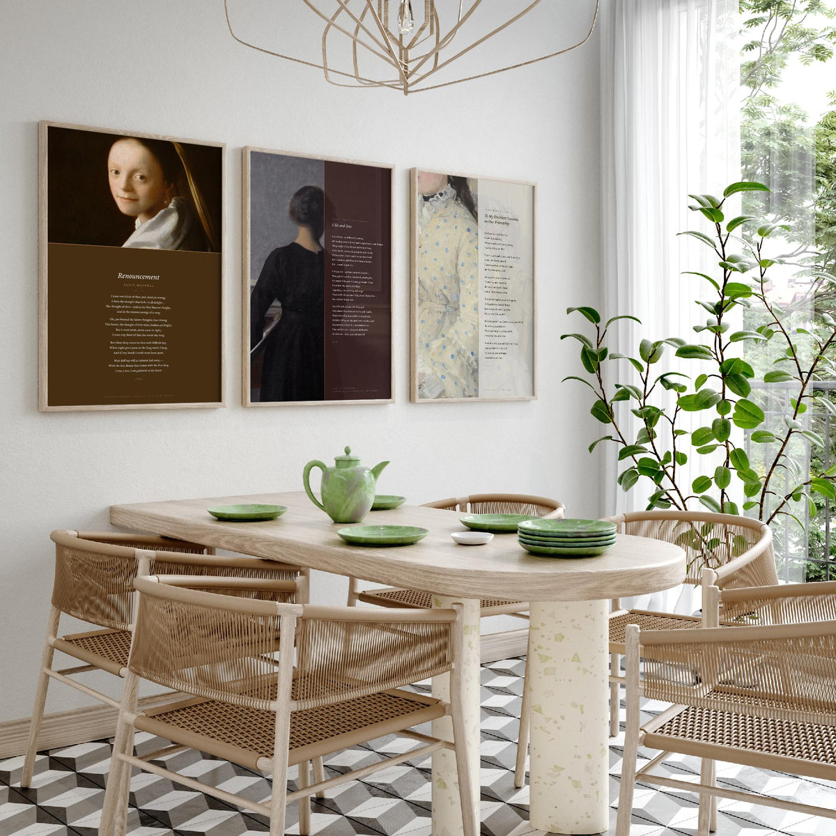 Quiet Interiors Poems Set of Three Art Prints - Renouncement, I Sit and Sew, To My Excellent Lucasia - Painting Poster Triptych