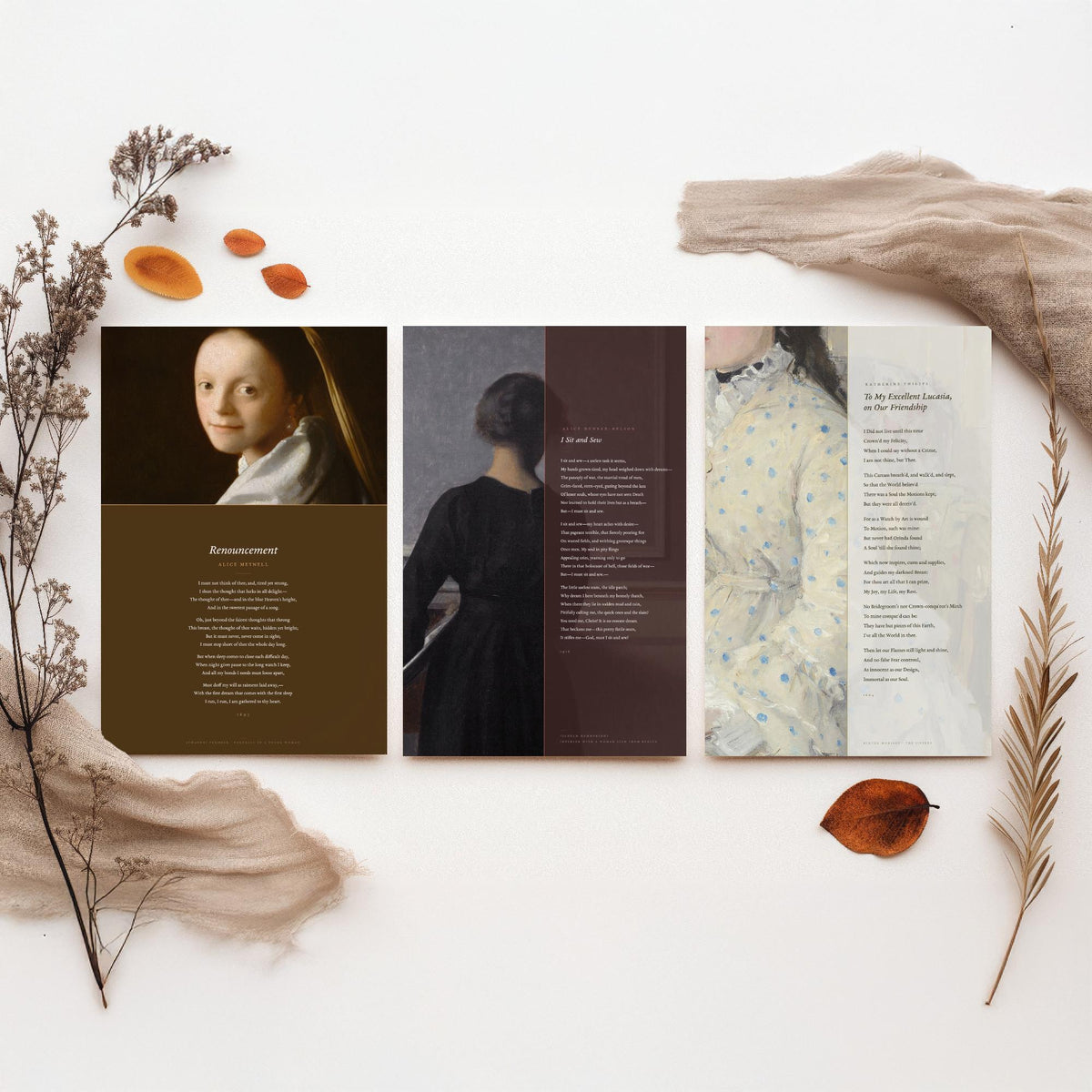 Quiet Interiors Poems Set of Three Art Prints - Renouncement, I Sit and Sew, To My Excellent Lucasia - Painting Poster Triptych