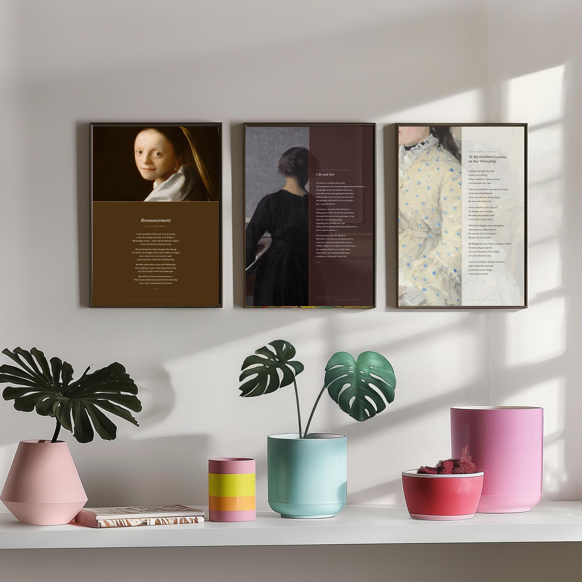 Quiet Interiors Poems Set of Three Art Prints - Renouncement, I Sit and Sew, To My Excellent Lucasia - Painting Poster Triptych