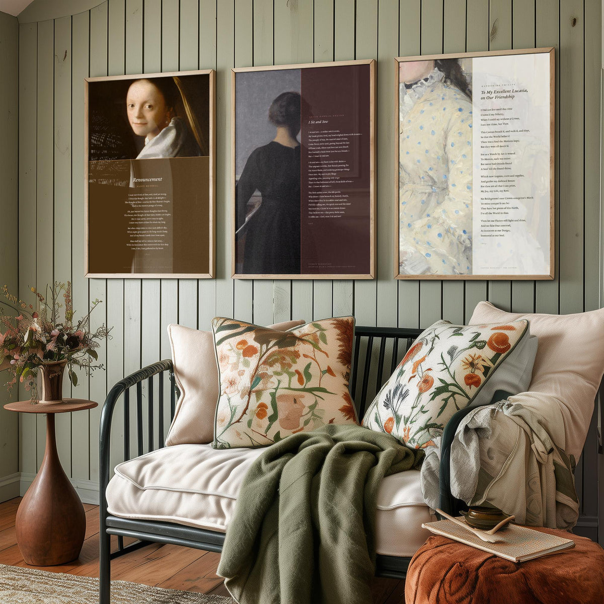 Quiet Interiors Poems Set of Three Art Prints - Renouncement, I Sit and Sew, To My Excellent Lucasia - Painting Poster Triptych