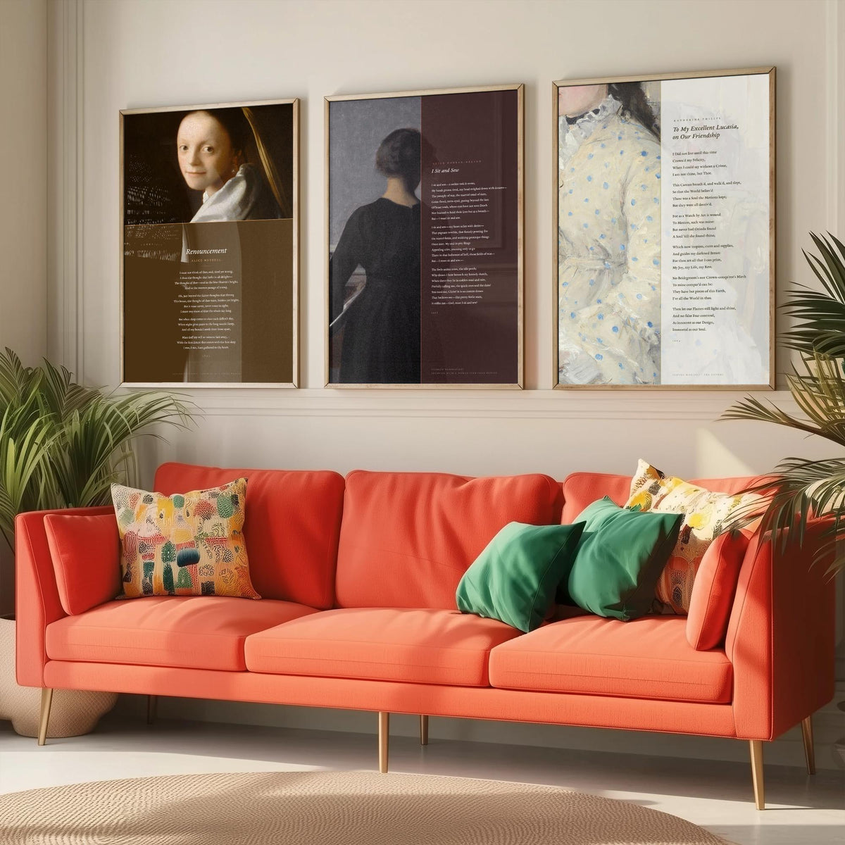 Quiet Interiors Poems Set of Three Art Prints - Renouncement, I Sit and Sew, To My Excellent Lucasia - Painting Poster Triptych
