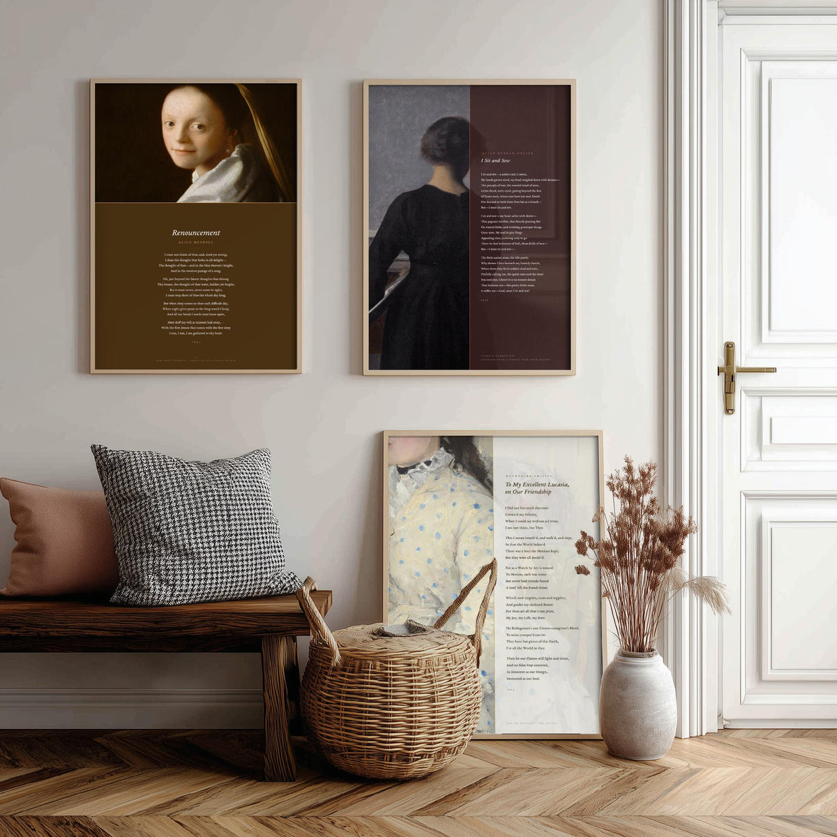 Quiet Interiors Poems Set of Three Art Prints - Renouncement, I Sit and Sew, To My Excellent Lucasia - Painting Poster Triptych