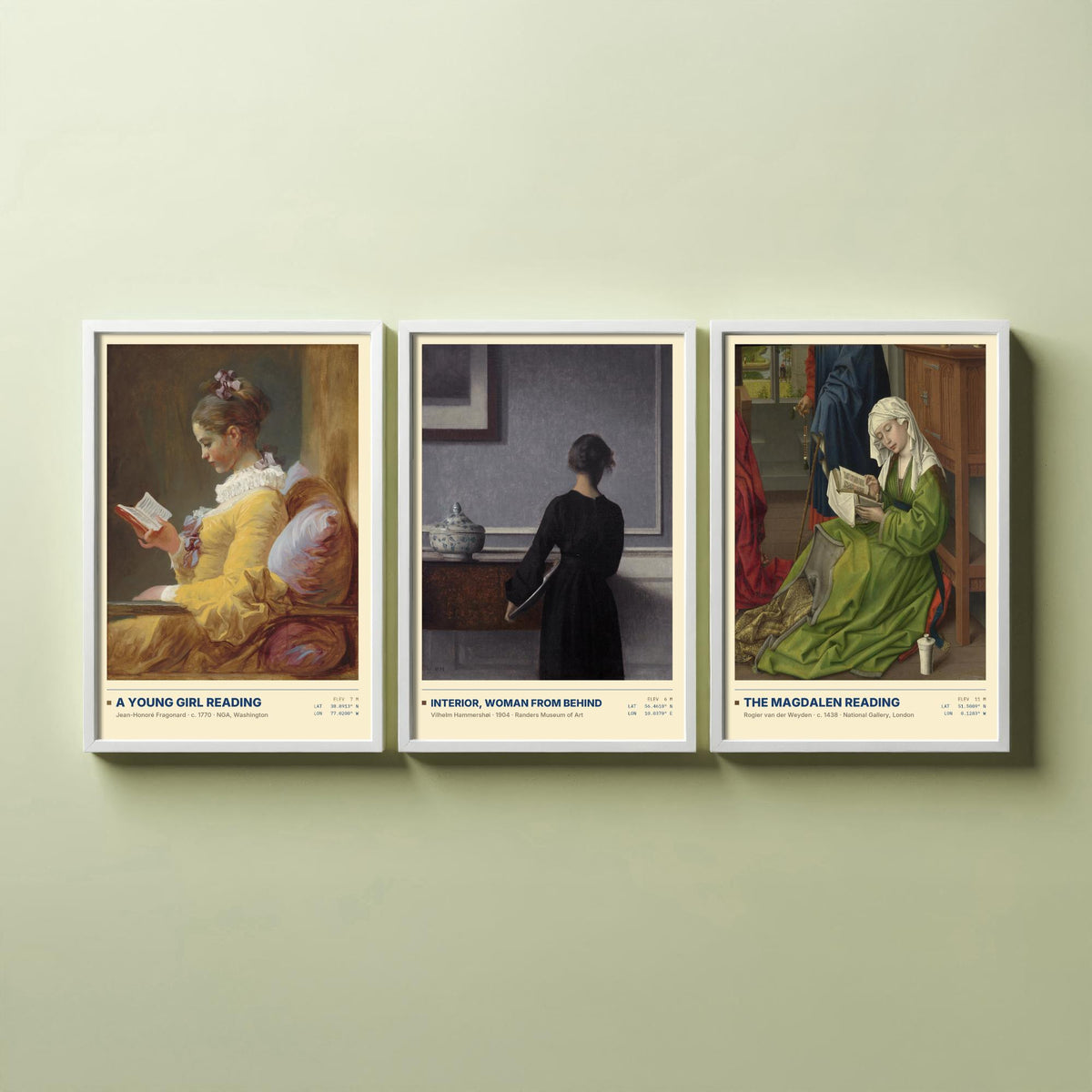 Quiet Interiors Set of Three Art Prints - A Young Girl Reading, The Magdalen Reading - Fragonard Hammershoi van der Weyden Painting Posters