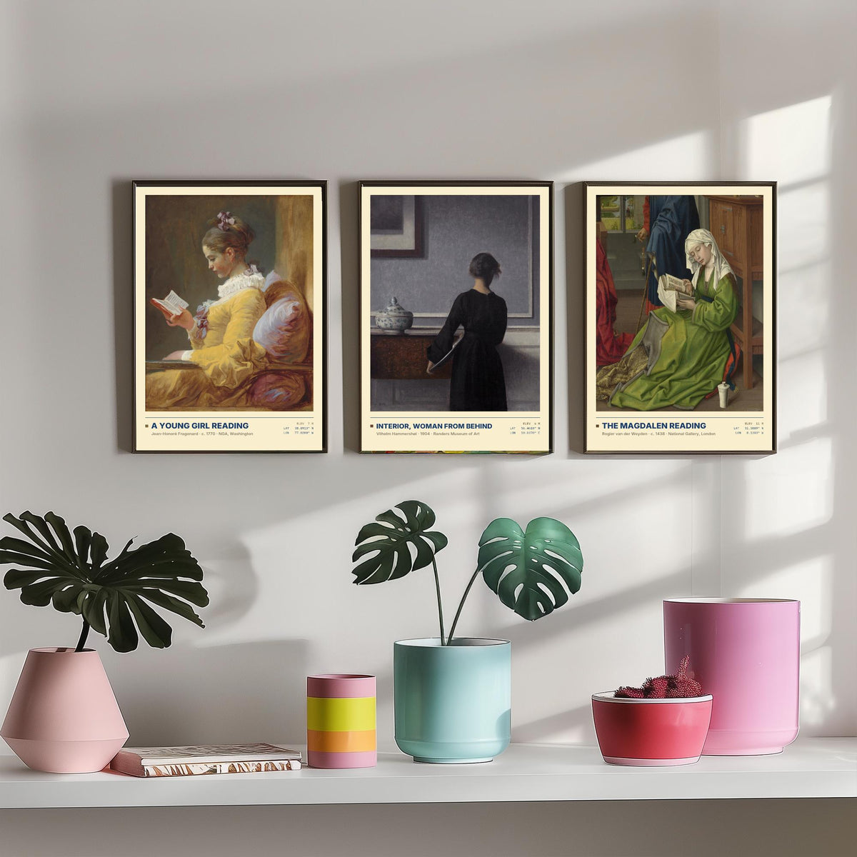Quiet Interiors Set of Three Art Prints - A Young Girl Reading, The Magdalen Reading - Fragonard Hammershoi van der Weyden Painting Posters