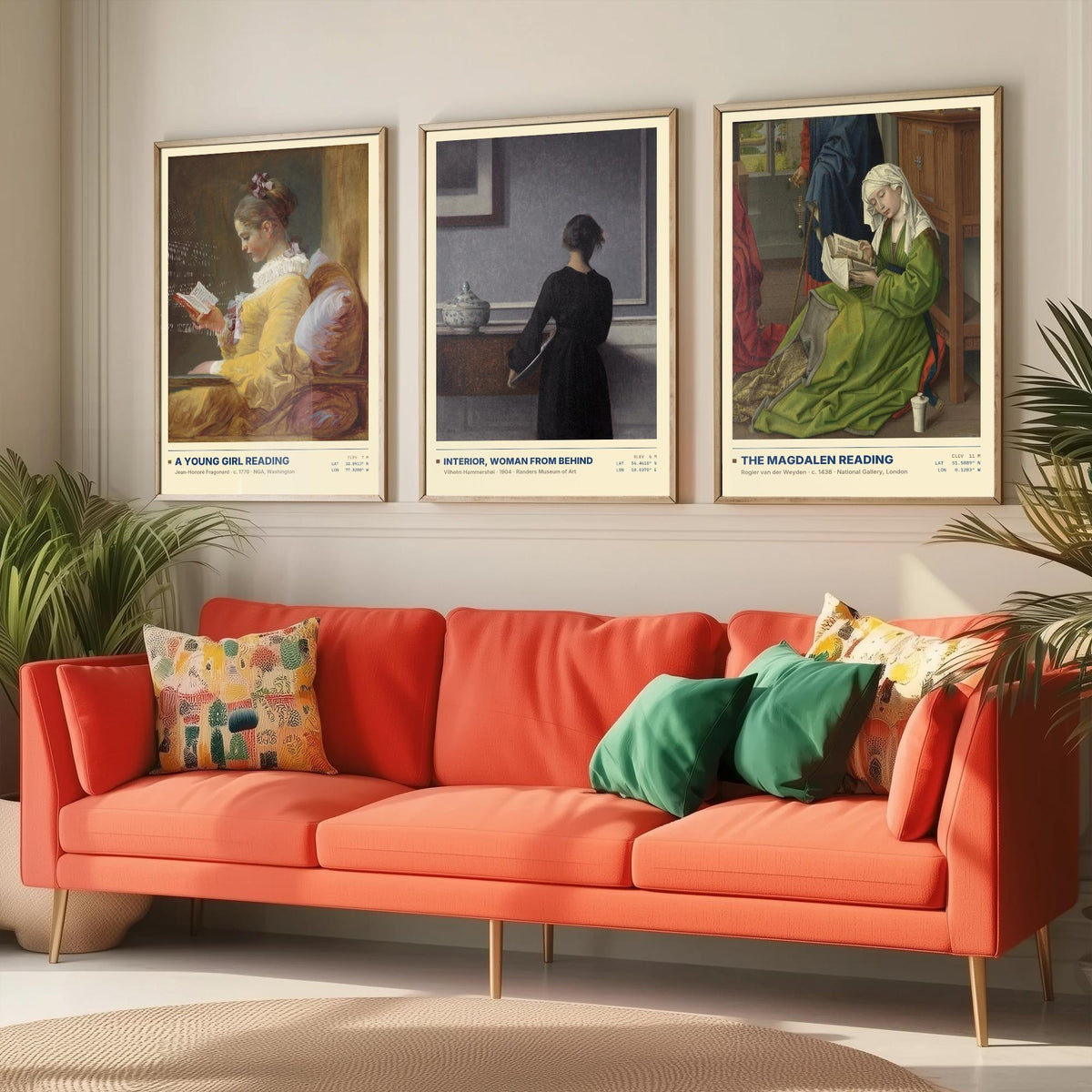 Quiet Interiors Set of Three Art Prints - A Young Girl Reading, The Magdalen Reading - Fragonard Hammershoi van der Weyden Painting Posters
