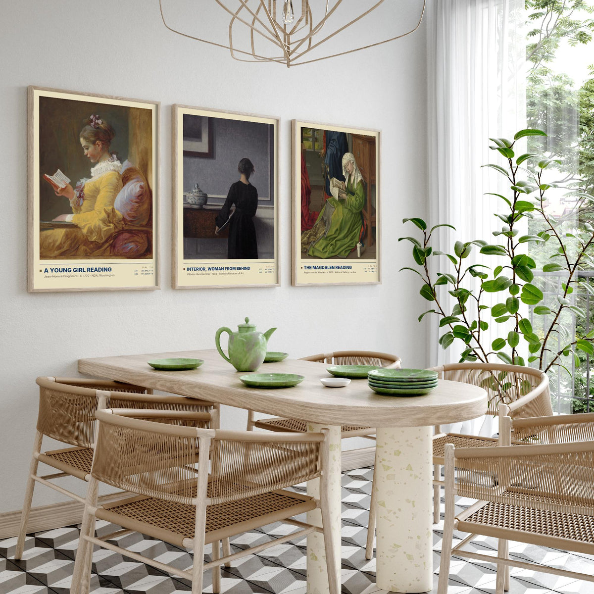 Quiet Interiors Set of Three Art Prints - A Young Girl Reading, The Magdalen Reading - Fragonard Hammershoi van der Weyden Painting Posters