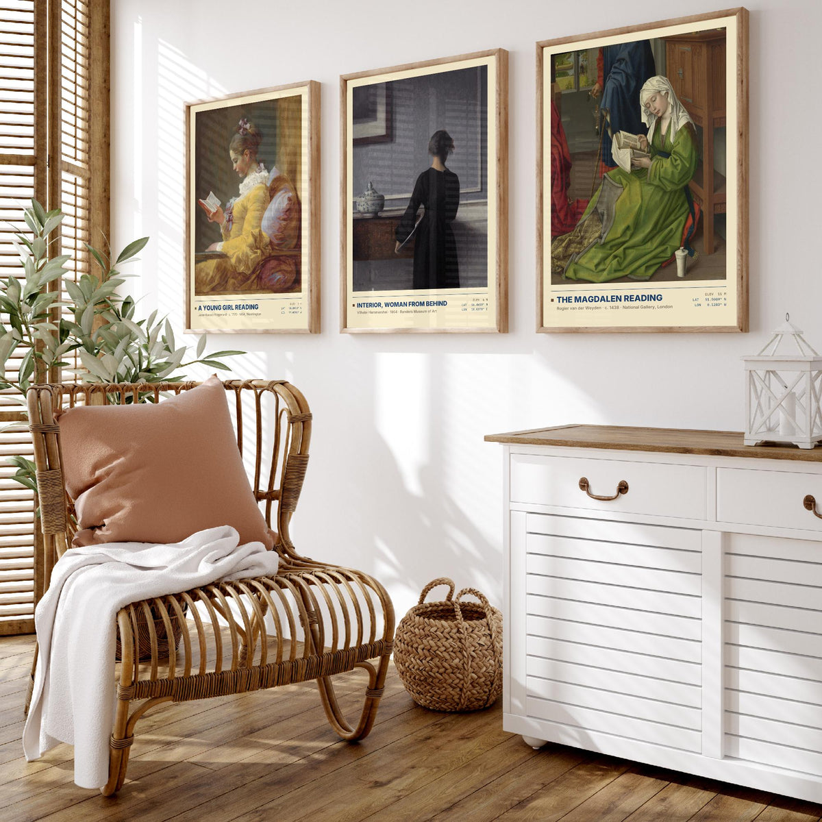 Quiet Interiors Set of Three Art Prints - A Young Girl Reading, The Magdalen Reading - Fragonard Hammershoi van der Weyden Painting Posters